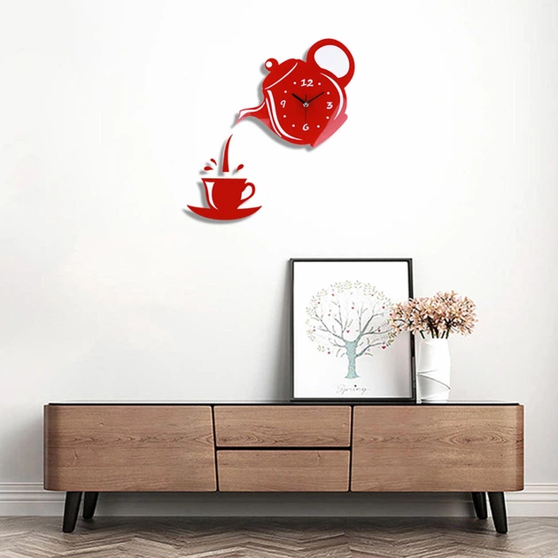 Настенные бескаркасные 3D часы Diy Teapot с зеркальным эффектом самоклеящиеся 40 х 40 см Красный - изображение 3