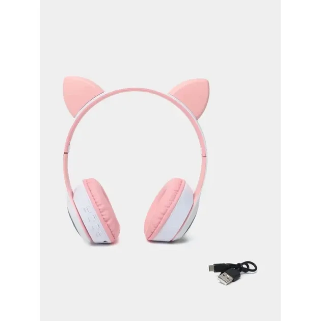 Беспроводные наушники с кошачьими ушками Cat MZ-023 Гарнитура RGB подсветкой FM microSD Розовые - изображение 3