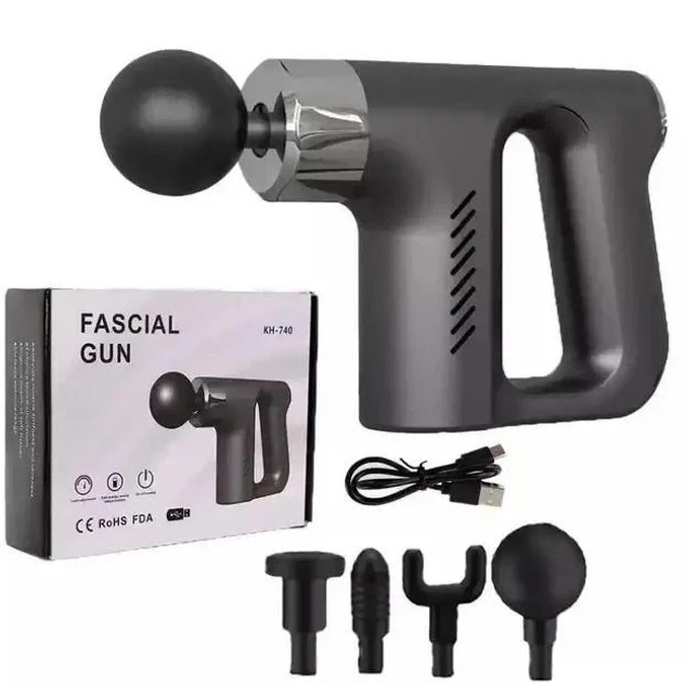 Массажер пистолет Fascial Gun KH-740 Чёрный с насадками мышечный портативный ручной для спины и тела - изображение 3