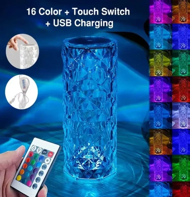 Настольная аккумуляторная лампа с пультом 22см ночник Роза с пультом RGB Crystal Rose - изображение 3
