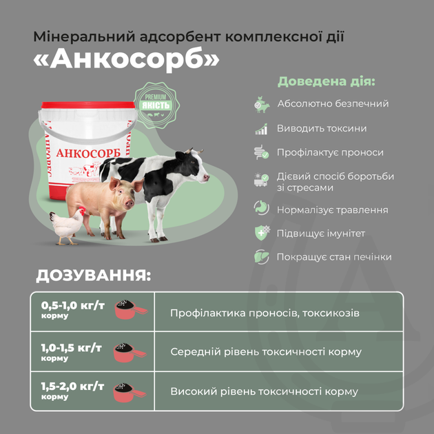 Адсорбент мікотоксинів для свиней, птиці, ВРХ «Анкосорб» Ankores (10кг) - 10 кг - изображение 2
