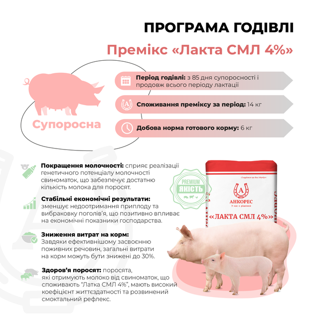 Премікс для свиноматок лактуючих «Лакта СМЛ 4%» Ankores (10кг) - 10 кг - зображення 2