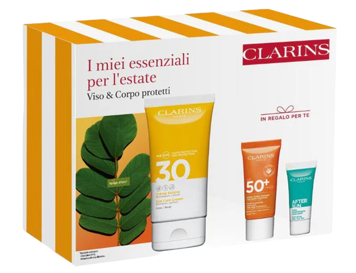 Zestaw do pielęgnacji twarzy Clarins Krem przeciwsłoneczny do twarzy Dry Touch SPF50+ 30 ml + do ciała SPF30+ 150 ml + Serum Double (próbka) + Balsam po opalaniu 8 ml (3666057307041) - obraz 1