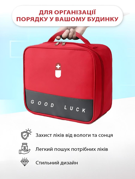 Аптечка органайзер домашня для ліків дорожня сумка медична VMHouse компактна переносна для зберігання бадів контейнер поліестер червоний (0073-0002) - зображення 5
