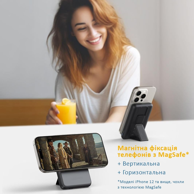 УМБ Павербанк 10000 mAh PD 22.5W Міні, Villini бездротова магнітна зарядка 15W Magsafe, швидка зарядка 3.0 PD, для айфона, телефона, роутера, вбудовані кабелі Lightning, Type-C , V-0017 - зображення 5
