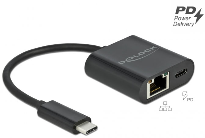 Adapter Delock USB Type-C to Gigabit LAN RJ45 PD Black (4043619666447) - obraz 2