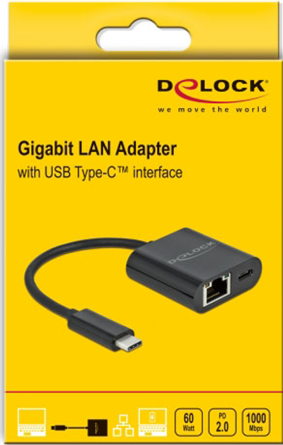 Adapter Delock USB Type-C to Gigabit LAN RJ45 PD Black (4043619666447) - obraz 3