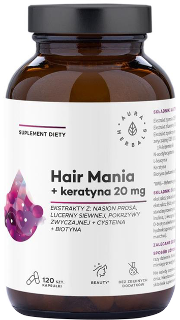 Suplement diety Aura Herbals Hair Mania + keratyna 20 mg 120 szt (5902479614236) - obraz 1