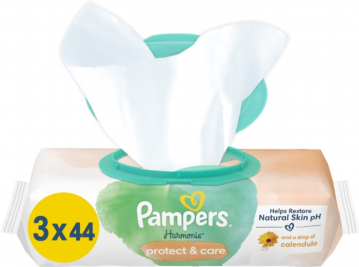 Упаковка дитячих вологих серветок Pampers Harmonie Protect&Care з календулою 3 х 44 шт (8700216250672) - зображення 1