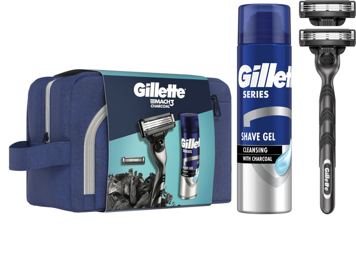 Zestaw upominkowy Gillette Mach3 Charchoal Maszynka do golenia dla mężczyzn z 2 wymiennymi wkładami + Żel do golenia 200 ml + Kosmetyczka (8700216534338) - obraz 1