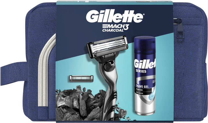 Zestaw upominkowy Gillette Mach3 Charchoal Maszynka do golenia dla mężczyzn z 2 wymiennymi wkładami + Żel do golenia 200 ml + Kosmetyczka (8700216534338) - obraz 2