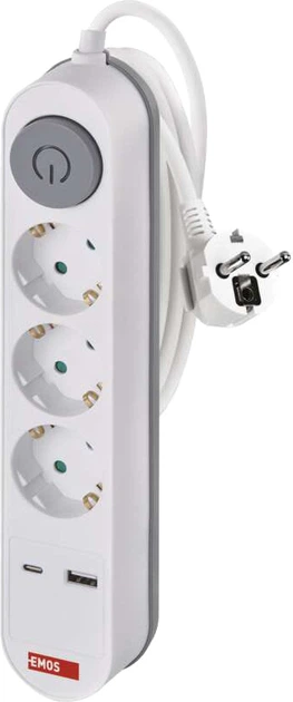 Фото - Сетевой фильтр / удлинитель EMOS Мережевий подовжувач P1322PD 3 розетки 2 м USB-A USB-C FAST CHARGE 18W Біло-сірий