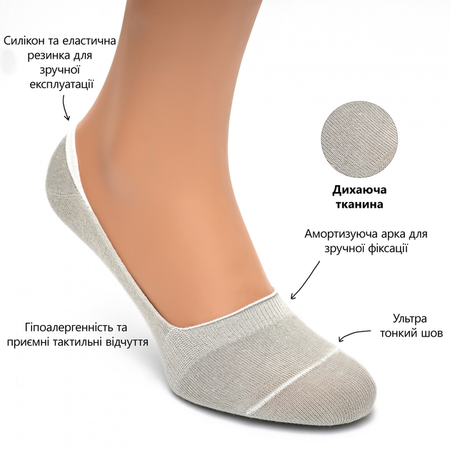 Бесшовные дышащие следы с силиконом серые ORGANIC cotton JILL ANTONY men's 39-41 арт. 31001 - изображение 3