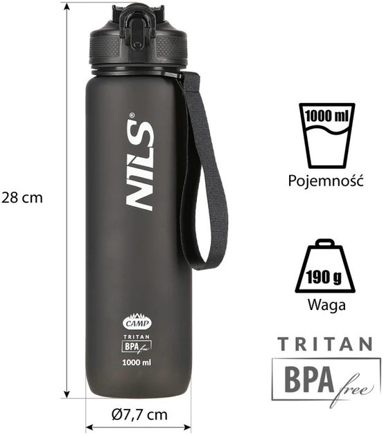 Пляшка Nils Camp тританова 1 л чорна (5907695552300) - зображення 8