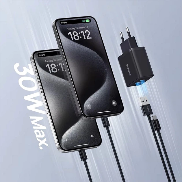 Ładowarka sieciowa Baseus Cube Fast Charger Type-C+USB 30W Cluster Black EU (P10111404113-00) - obraz 10