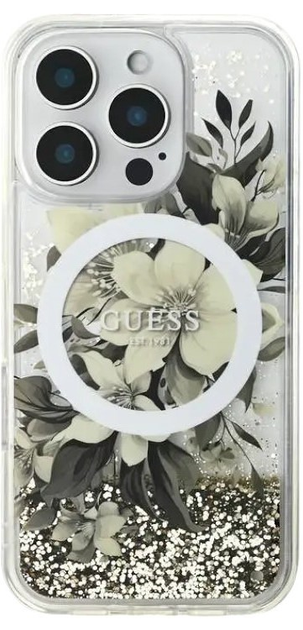 Etui Guess Hardcase Liquid Glitter Flower MagSafe do Apple iPhone 16 Pro Beige (GUHMP16LLFMWTE) - obraz 1