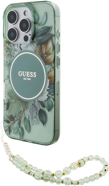 Панель Guess Hardcase IML Flowers With Pearl Strap MagSafe для Apple iPhone 16 Pro Max Green (GUHMP16XHFWBRCESN) - зображення 2