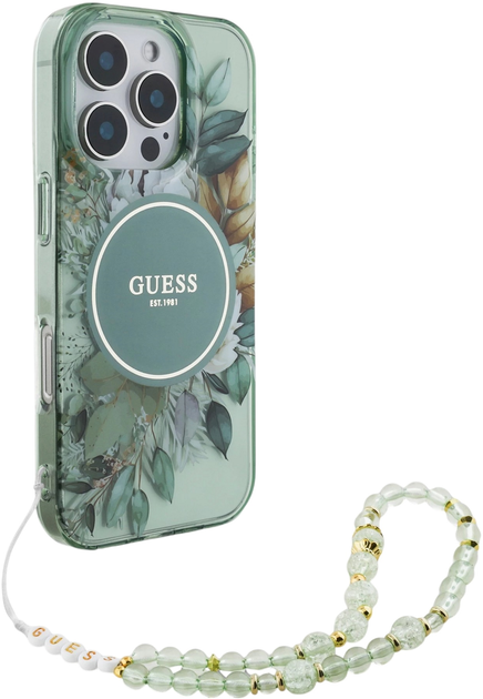Etui Guess Hardcase IML Flowers With Pearl Strap MagSafe do Apple iPhone 16 Pro Max Green (GUHMP16XHFWBRCESN) - obraz 3