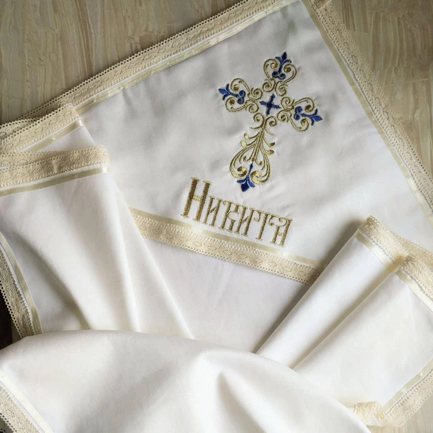 Именная крыжма для крещения Светлая любовь + мешочки для локона и хранения 100х100 см бежевый (089) - изображение 4