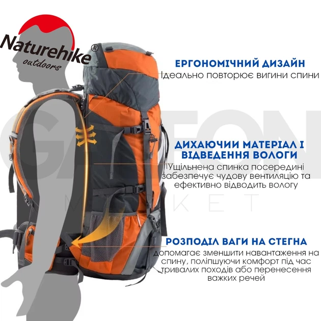 Туристический рюкзак Naturehike на 70 литров, походный, трекинговый + алюминиевая рама, оранжевый - изображение 3