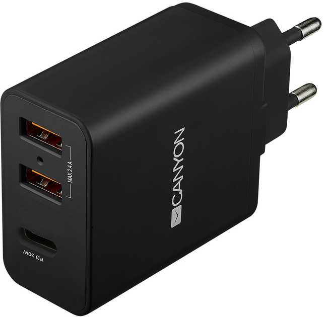 Мережевий зарядний пристрій Canyon H-08 PD 30W USB-C +  2 x USB-A Black (CNE-CHA08B) - зображення 1