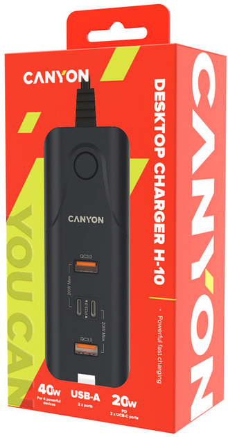 Мережевий зарядний пристрій Canyon H-10 PD 20W QC 3.0 18W 2 x USB-A + 2 x USB-C Black (CNE-CHA10B) - зображення 2