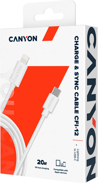 Kabel Canyon CFI-12 Type C to Lightning, 5V3A, 9V2.22A, PD20W White (CNE-CFI12W) - obraz 2