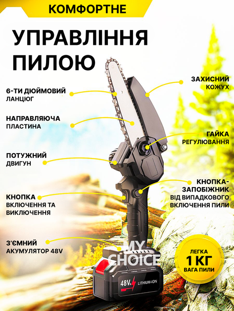 Аккумуляторная цепная пила электрическая + 2 аккумулятора 48V, мини пила для обрезки деревьев и распила дров - изображение 8