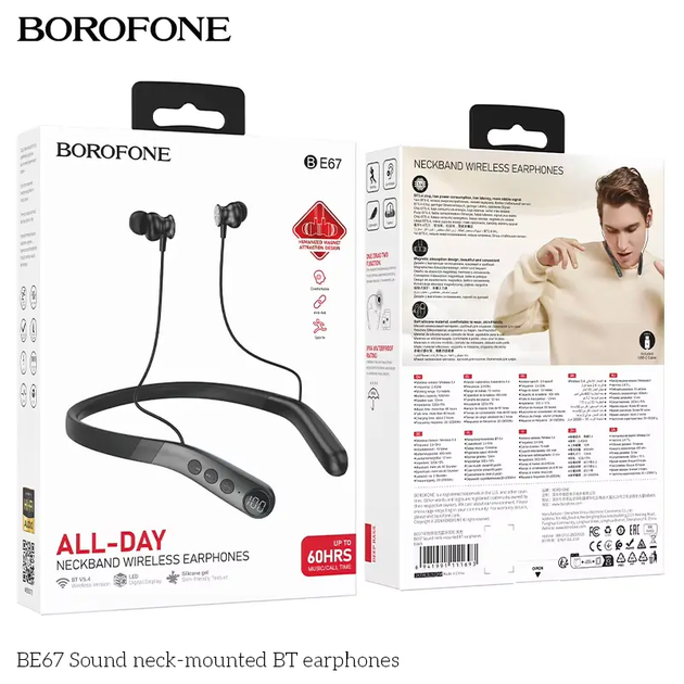 Наушники спортивные Borofone BE67 Sound Neck-mounted BT earphone, Bluetooth 5.4, 60 часов работы, 400mAh Black - изображение 6