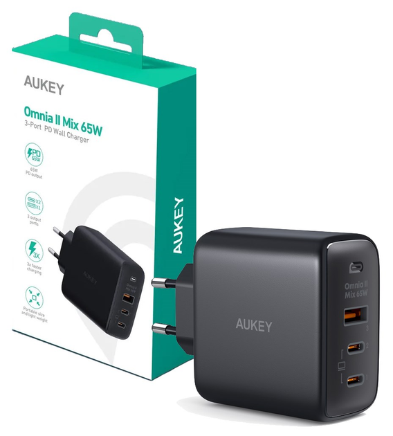 Ładowarka sieciowa Aukey Omnia II Mix USB-C PD 65 W PA-B6T Black (689323784783) - obraz 2