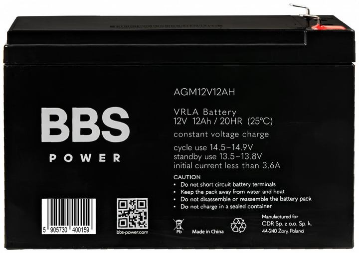 Akumulator BBS Power AGM12V12AH AGM VRLA 12 V 12 Ah - obraz 2