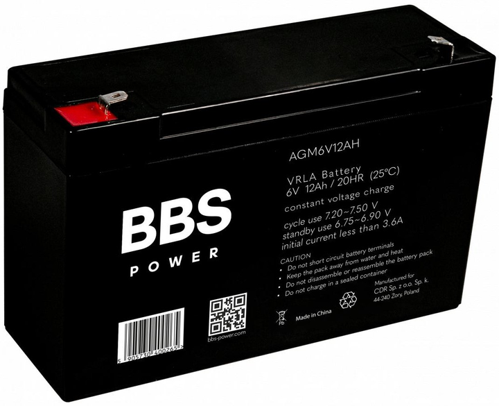 Akumulator BBS Power AGM6V12AH AGM VRLA 6 V 12 Ah - obraz 1