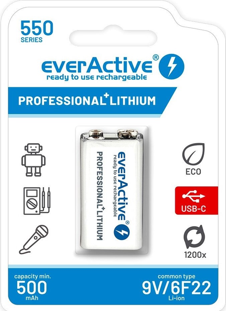 Akumulatorek everActive 6F22/9V Li-Ion 550 mAh USB-C EVHR22-550C (5903205773883) - obraz 1