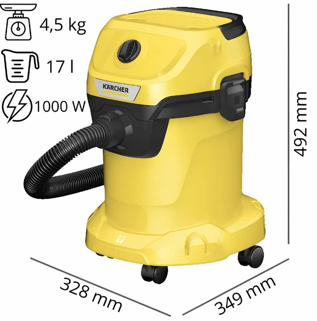Професійний пілосос Karcher WD3 1000Вт Жовтий - Фото 3 Професійний пілосос Karcher WD3 1000Вт Жовтий - зображення 3