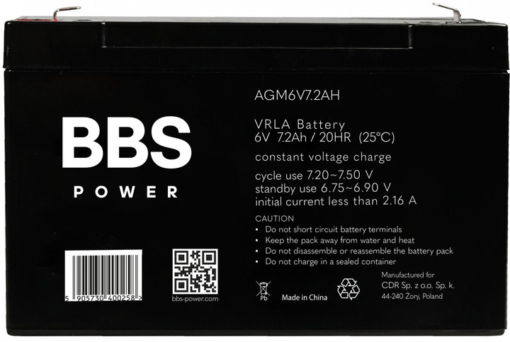 Akumulator BBS Power AGM6V7.2AH AGM VRLA 6 V 7.2 Ah - obraz 2