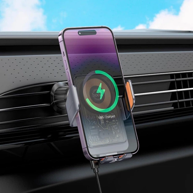 Тримач для телефона автотримач із бездротовою зарядкою HOCO HW7 Transparent Discovery Edition wireless fast charging car holder air outlet Metal Grey (6942007608145) - зображення 7