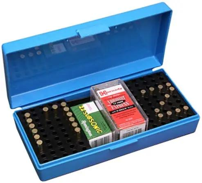 Коробка MTM SB-200 на 250 патронов кал. 22 LR; на 200 шт. кал. 22 WMR и на 150 шт. кал. 17 HMR. Цвет – голубой. - изображение 1