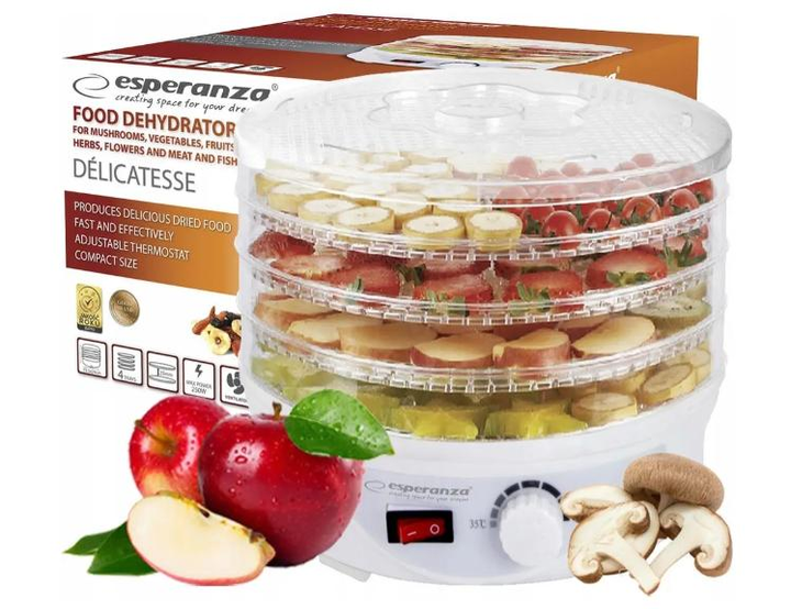 Сушилка для овощей и фруктов Esperanza EKD003 Delicatesse, белая, 250W, 4 лотка, 8 программ, 24см, дегидратор - изображение 6