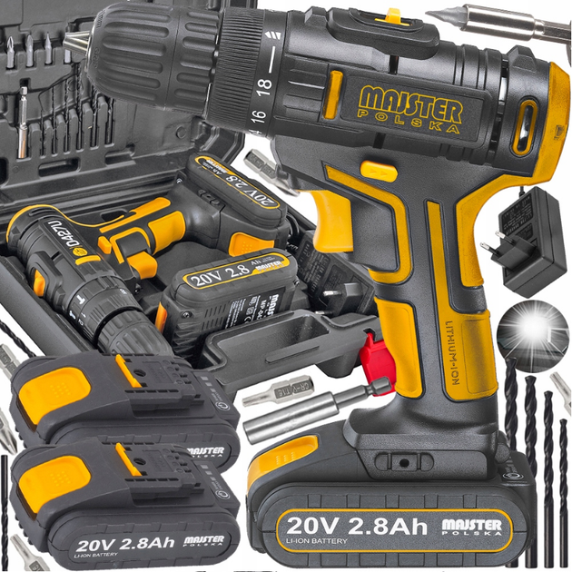 Акумуляторний шуруповерт Majster Polska 20V + 2 батареї 2,8Ач - Фото 2 Акумуляторний шуруповерт Majster Polska 20V + 2 батареї 2,8Ач - зображення 2