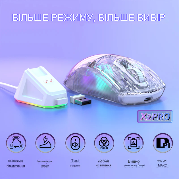 Беспроводная игровая прозрачная мышь Attack Shark X2 Pro с цифровым дисплеем USB 2,4G 300 мАч White - изображение 7