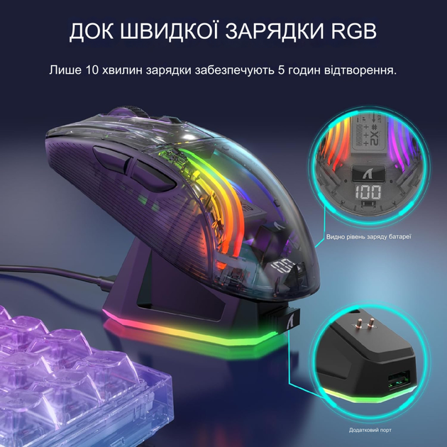 Беспроводная игровая прозрачная мышь Attack Shark X2 Pro с цифровым дисплеем USB 2,4G 300 мАч Black - изображение 8