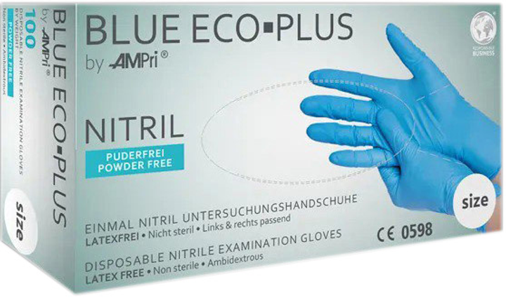 Перчатки нитриловые Ampri Blue Eco-Plus Неопудренные Размер L 50 пар Синие (4044941001197) - изображение 1