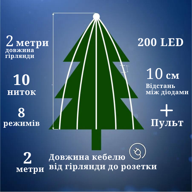 Роса пучок 2 метра 10 нитей Niki Light конский хвост с пультом управления 200 Led гирлянда для елки на 8 режимов холодный белый - изображение 2