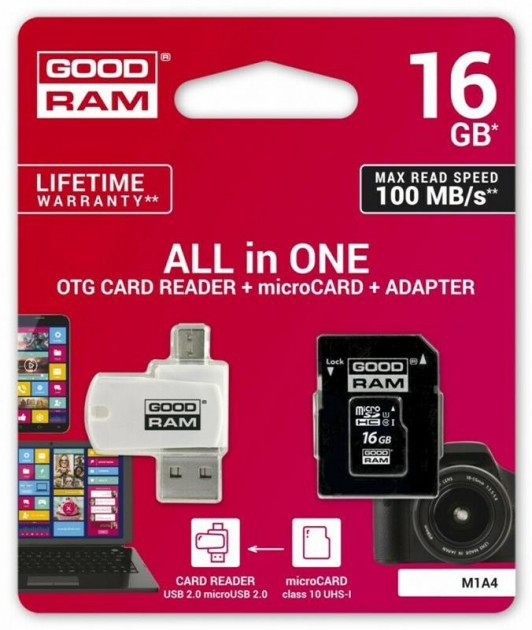 Карта памяти microSD 16Gb GOODRAM class10 UHS I U1 + SD adapter + OTG Card reader (M1A4-0160R12) - изображение 2