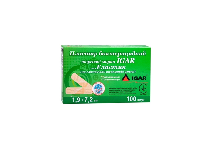 Пластир бактерицидний IGAR Еластик (на еластичній полімерній основі) 1,9 × 7,2 см (100шт/уп) - зображення 1