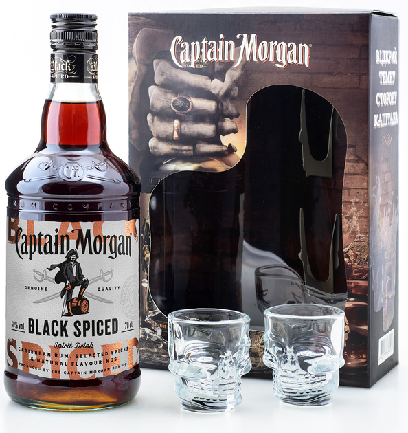 Алкогольный напиток на основе Карибского рома Captain Morgan Spiced Black 0.7 л 40% + 2 чарки (4820178650533_G) - изображение 2