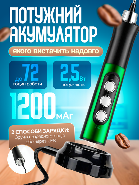 Капучинатор вспенитель молока ручной аккумуляторный от USB погружной портативный миксер пеносбиватель вспениватель венчик для молочной пенки капучинаторы пеносбиватели с 3 насадками black - изображение 3