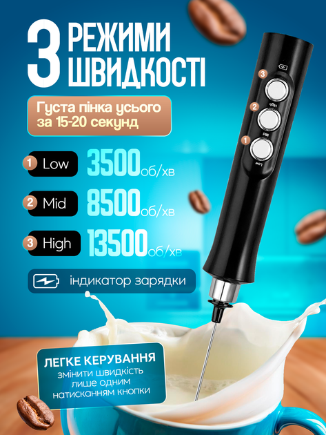 Капучинатор вспенитель молока ручной аккумуляторный от USB погружной портативный миксер пеносбиватель вспениватель венчик для молочной пенки капучинаторы пеносбиватели с 3 насадками black - изображение 8