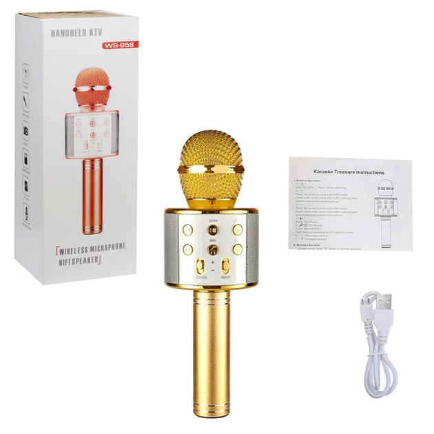 Беспроводной караоке-микрофон детский со встроенной колонкой Handheld KTV Bluetooth-Microphone Gold, золотистый (WS-858G) - Фото 8 Беспроводной караоке-микрофон детский со встроенной колонкой Handheld KTV Bluetooth-Microphone Gold, золотистый (WS-858G) - изображение 8