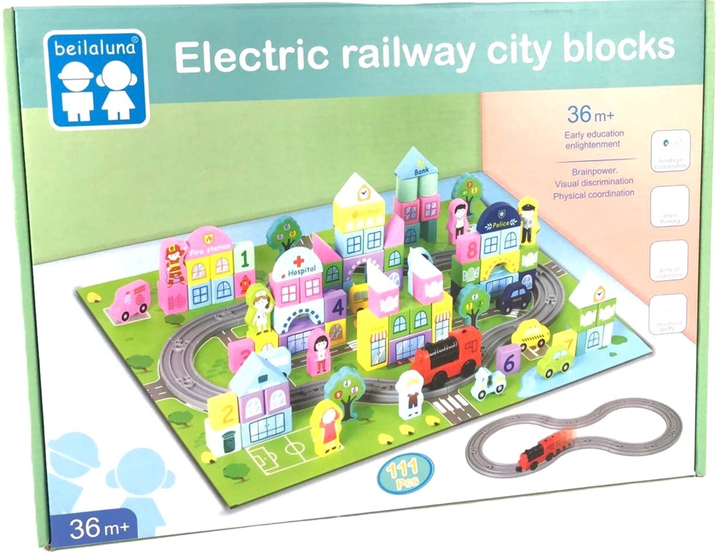 Klocki drewniane Maksik Electric Railway City Blocks 111 elementów (6920178056859) - obraz 1